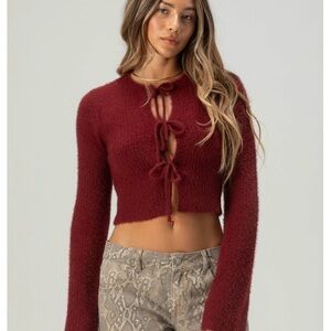 West Of Melrose Fuzzy Tie Front Cardigan - Burgundy